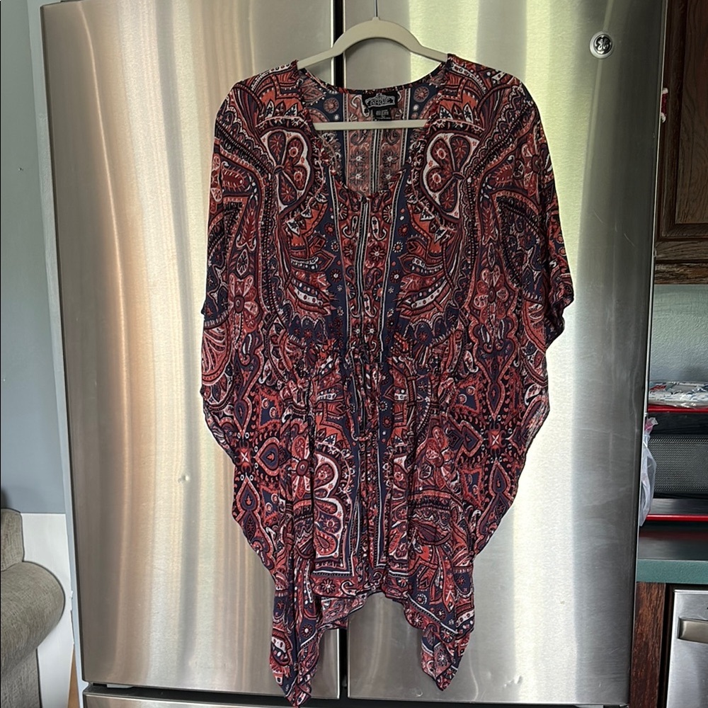 Angie Red and Blue Asymmetrical Short Sleeve Tunic